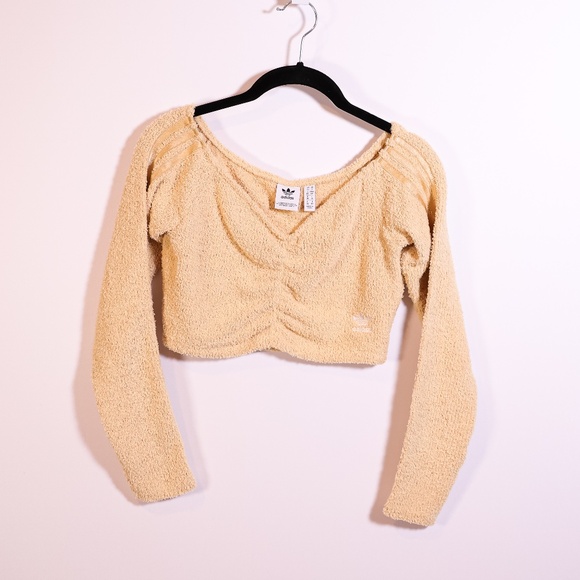 Adidas Originals Relaxed Fluffy Knit Stretch Ruched Cropped Top Hazy Beige S - Picture 1 of 4